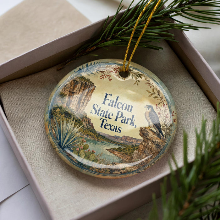 A decorative ornament in a box, featuring a scenic landscape with a bird perched on a rock, surrounded by greenery.