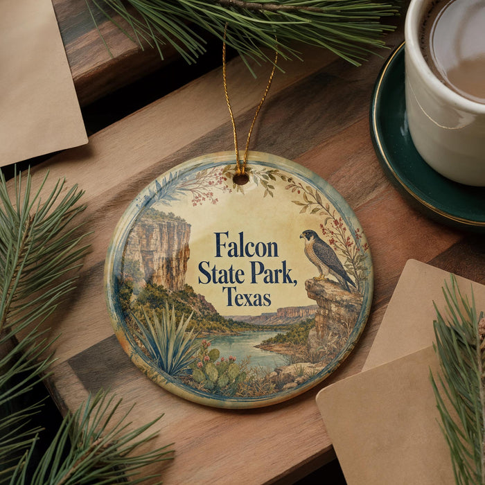 A decorative ornament with the text "Falcon State Park, Texas" on it, featuring a scenic illustration of a desert landscape with a bird perched on a rock. The ornament is placed on a wooden surface, surrounded by pine branches and a cup of coffee.