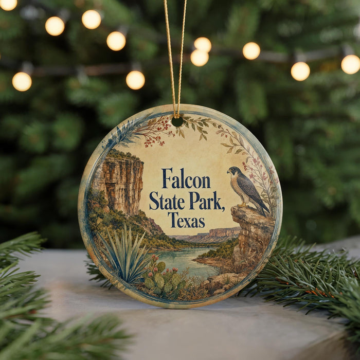 A round ornament with a bird perched on a rock, surrounded by a landscape of mountains, trees, and a river, with the text "Falcon State Park, Texas" displayed prominently.
