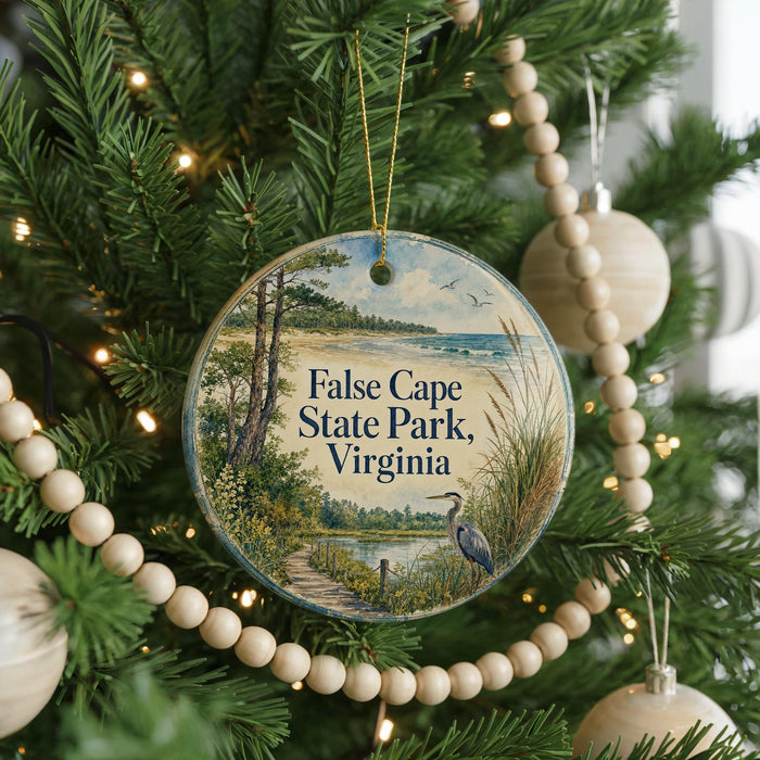 A Christmas tree decorated with ornaments, including a circular ornament with a scenic image of False Cape State Park, Virginia.