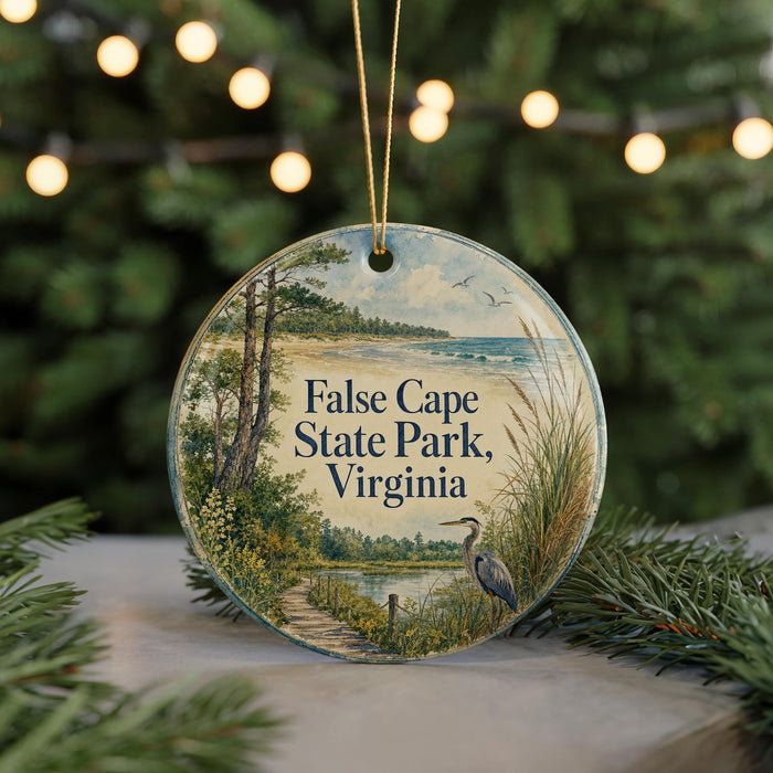 A round ornament with a scenic landscape of Cape State Park, Virginia, featuring a bird and a path leading to the beach.