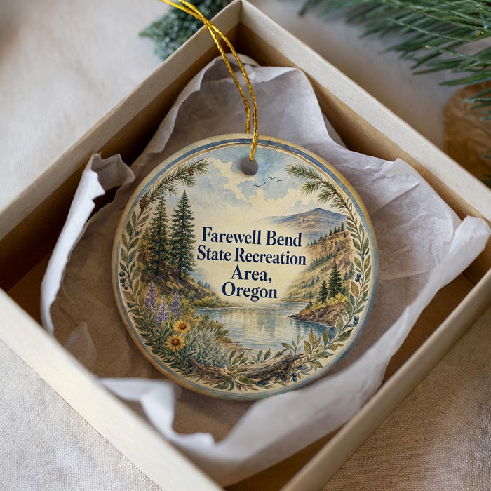 a round ornament with a scenic landscape, including a lake, mountains, and trees, hanging from a string.