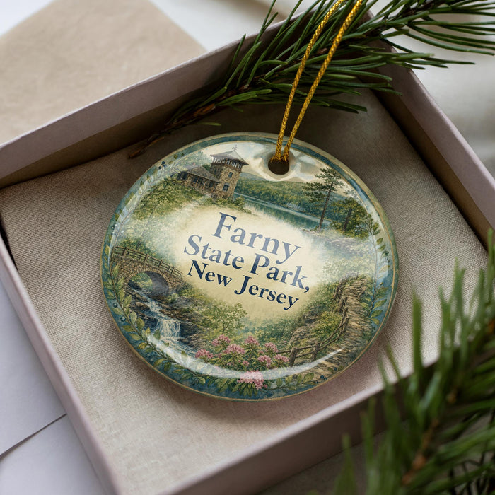 A decorative ornament in a box, featuring a scenic landscape with a building, trees, and a body of water.