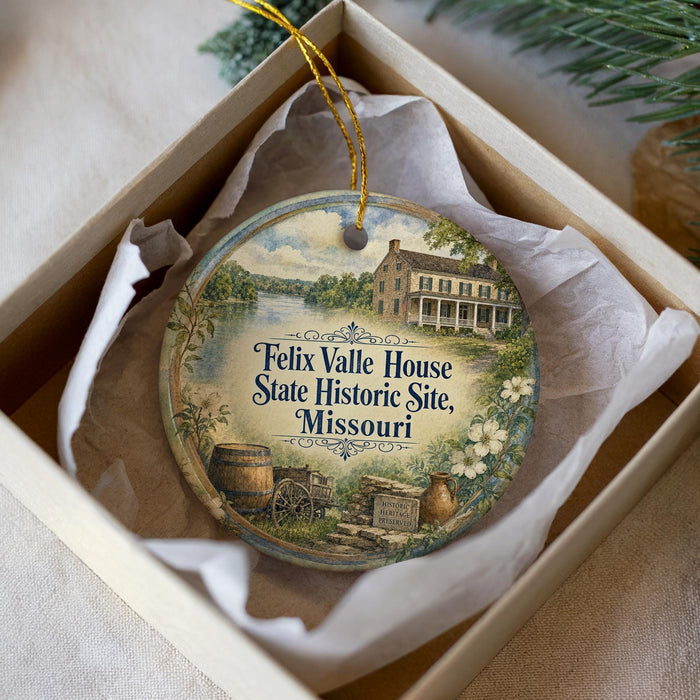A decorative ornament in a box, featuring a painting of a historic house and a river, with the text "Felix Valle House State Historic Site, Missouri" printed on it.