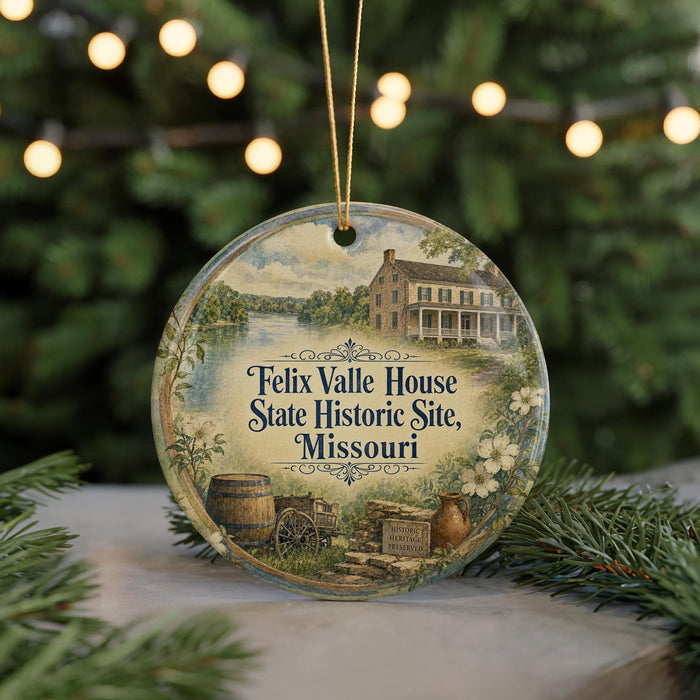 A decorative ornament featuring a vintage-style illustration of the Felix Valle House State Historic Site in Missouri, surrounded by holiday lights and greenery.