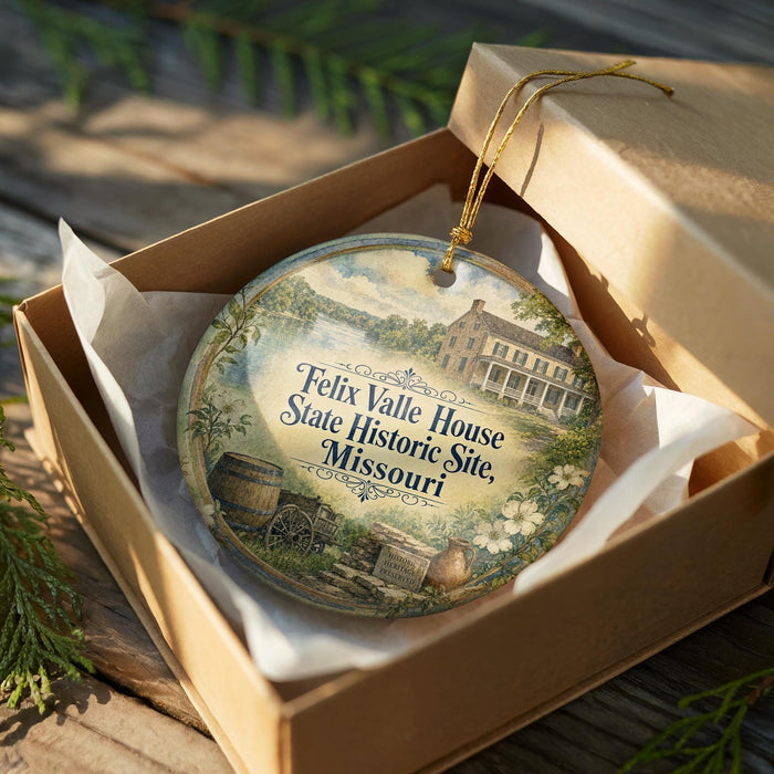 A decorative ornament in a wooden box, featuring an illustration of the historic state house in Missouri.
