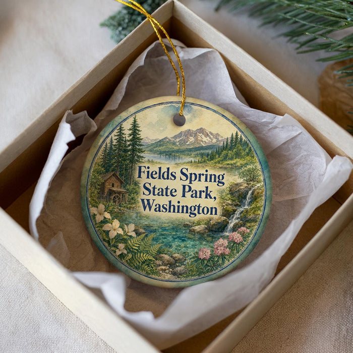 A decorative ornament in a box, featuring a scenic landscape with mountains, a cabin, and a waterfall.