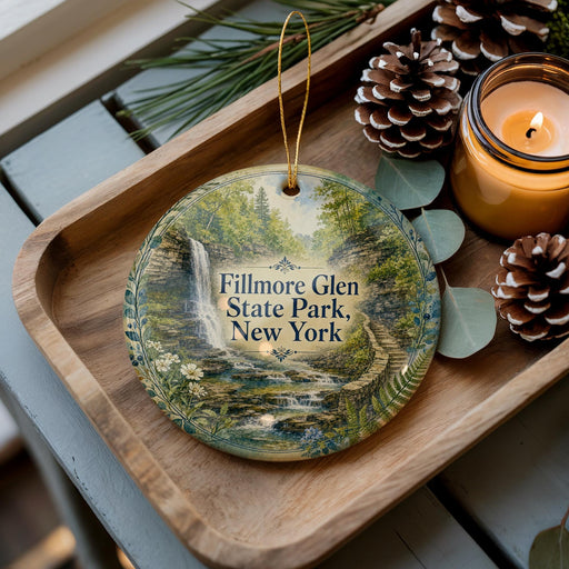 A decorative ornament featuring a scenic image of Fillmore Glen State Park, New York, with a candle and pine cones on a wooden tray.