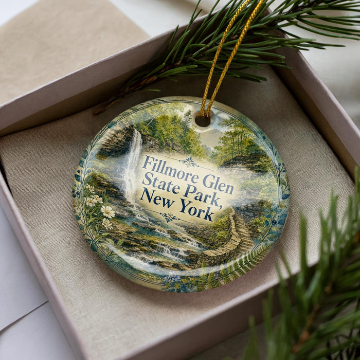 A decorative ornament in a box, featuring a scenic landscape with a waterfall and greenery.