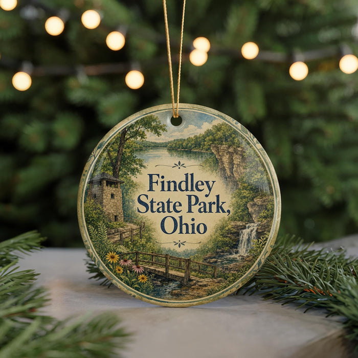 A round ornament with a scenic landscape of Findley State Park, Ohio, featuring a bridge, waterfall, and trees.