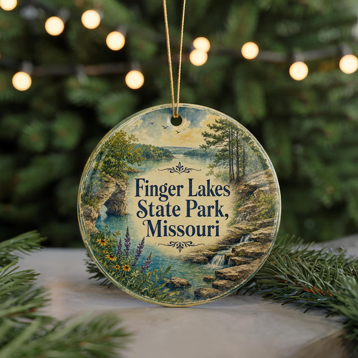 A round ornament with a scenic landscape of Finger Lakes State Park, Missouri, featuring a waterfall and pine trees.