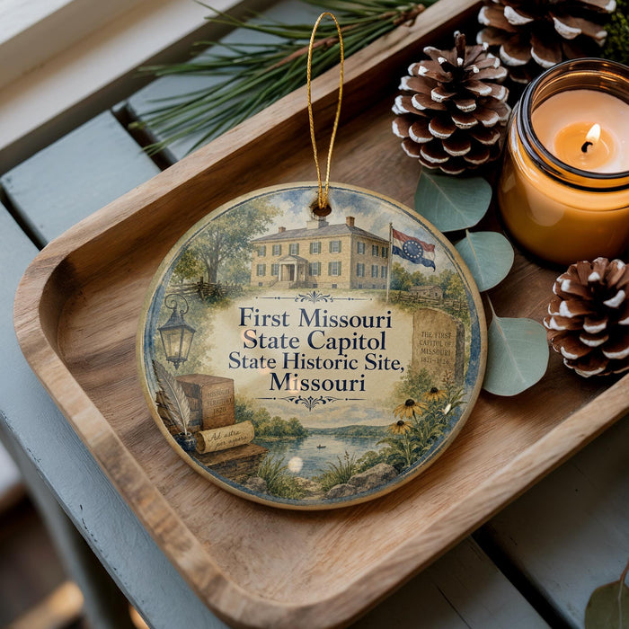 A decorative ornament featuring a state house and the text "First Missouri State Capitol State Historic Site, Missouri" is displayed on a wooden tray.