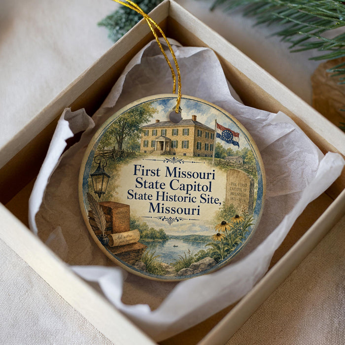A decorative ornament in a box, featuring a painting of a historic building and a sign that reads "First Missouri State Capitol State Historic Site, Missouri".
