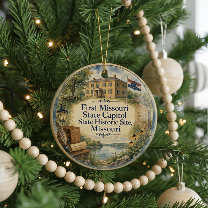 A circular ornament hanging on a Christmas tree, featuring an illustration of a historic building and surrounded by ornaments and lights.