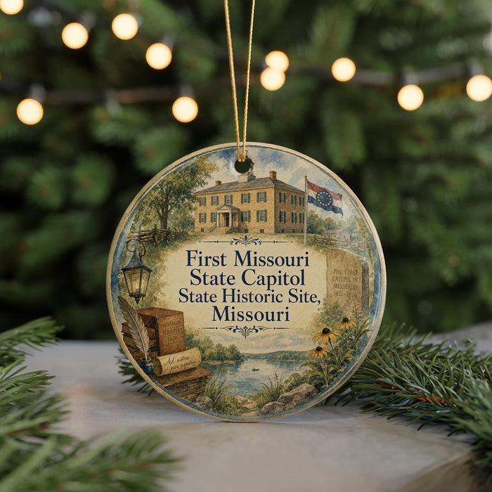 A circular ornament with a picture of a historic building and text that reads "First Missouri State Capitol State Historic Site, Missouri".