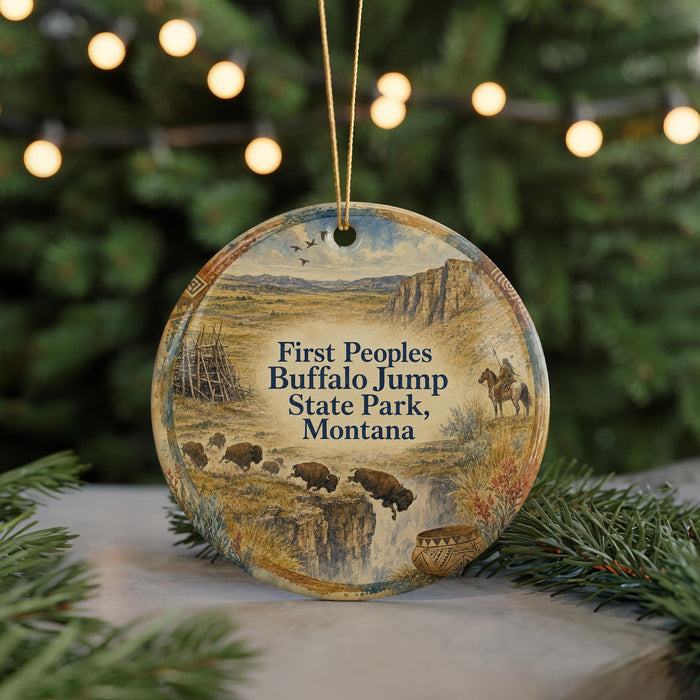 A decorative ornament featuring a scenic landscape with buffalo, mountains, and a river, along with text that reads "First Peoples Buffalo Jump State Park, Montana".