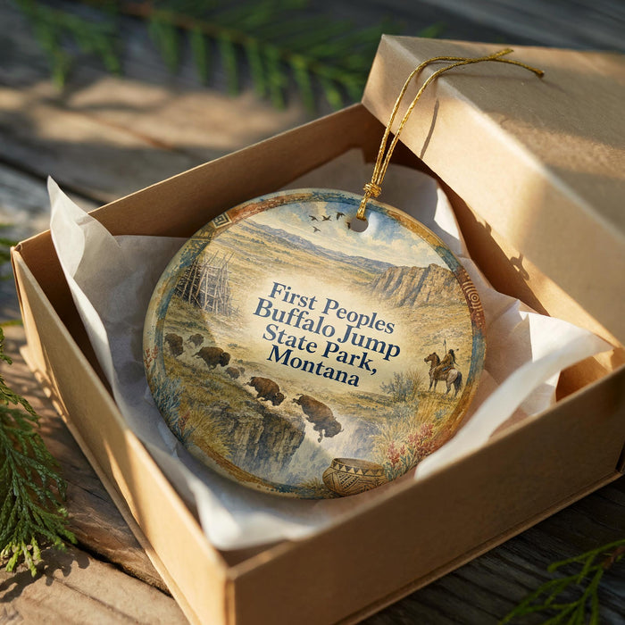 A decorative ornament in a wooden box, featuring a scenic landscape with buffalo and a person on horseback, along with the text "First Peoples, Buffalo Jump, State Park, Montana".