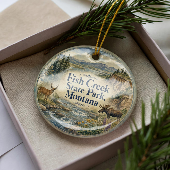 A decorative ornament in a box, featuring a scenic landscape with deer, moose, and other wildlife, along with the text "Fish Creek State Park, Montana".