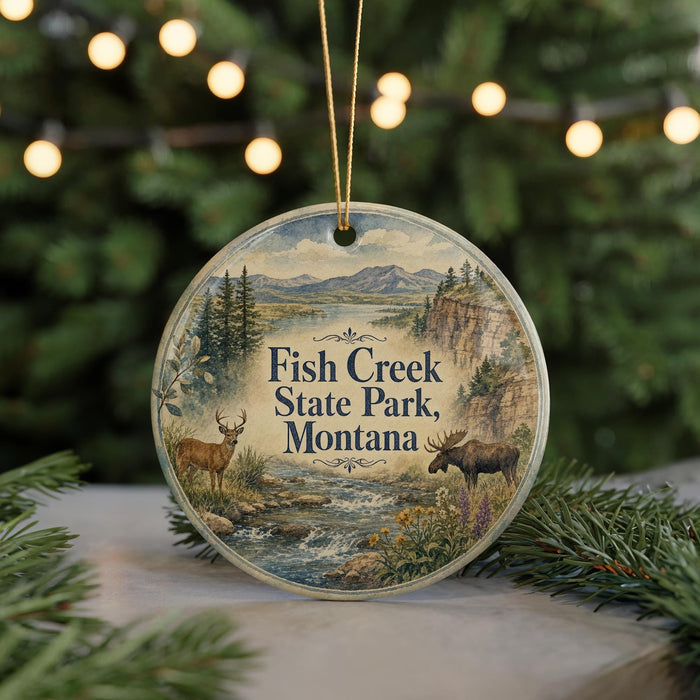 A circular ornament featuring a scenic landscape with a moose and a deer, along with the text "Fish Creek State Park, Montana".