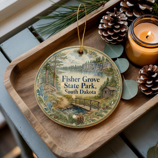 A decorative ornament featuring a scenic landscape of Fisher Grove State Park, South Dakota, with a small cabin and pine trees, placed on a wooden tray alongside pine cones and a lit candle.
