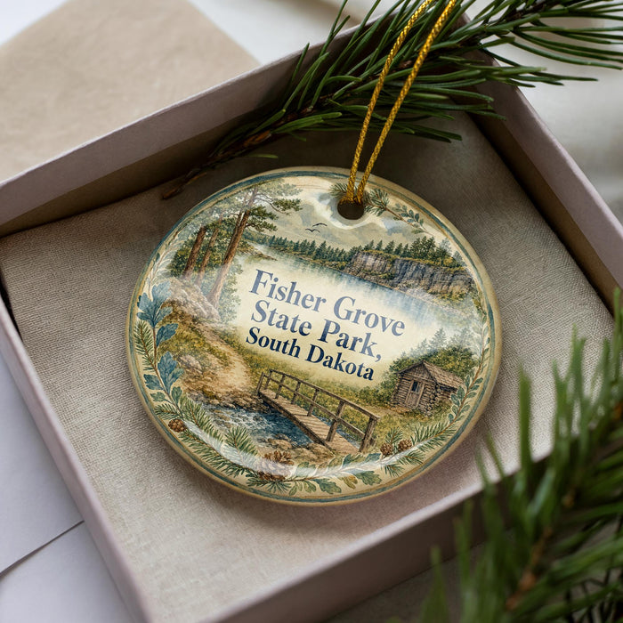 A decorative ornament in a box, featuring a scenic landscape with a bridge, trees, and a cabin, with the text "Fisher Grove State Park, South Dakota" printed on it.