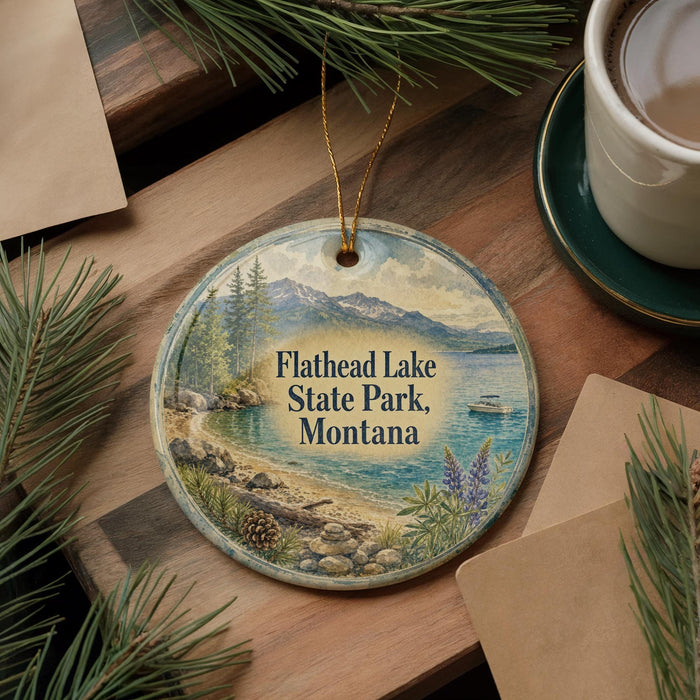 A circular ornament with a scenic landscape of Flathead Lake, State Park, Montana, featuring pine trees, a lake, and mountains.