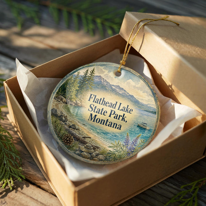 A decorative ornament in a wooden box, featuring a scenic landscape with mountains, pine trees, and a lake.