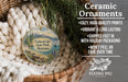 Ceramic ornaments, featuring a scenic image of Flathead Lake State Park, Montana, hanging from a wicker basket.