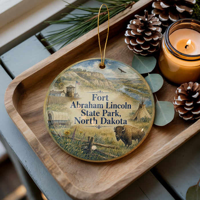 A decorative ornament featuring a scenic image of Fort Abraham Lincoln State Park, North Dakota, with a bison and other wildlife in the foreground.