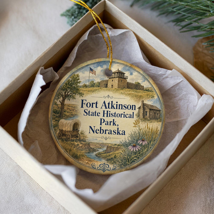 A round ornament with a picture of Fort Atkinson State Historical Park in Nebraska, displayed in a box with a white tissue paper lining.