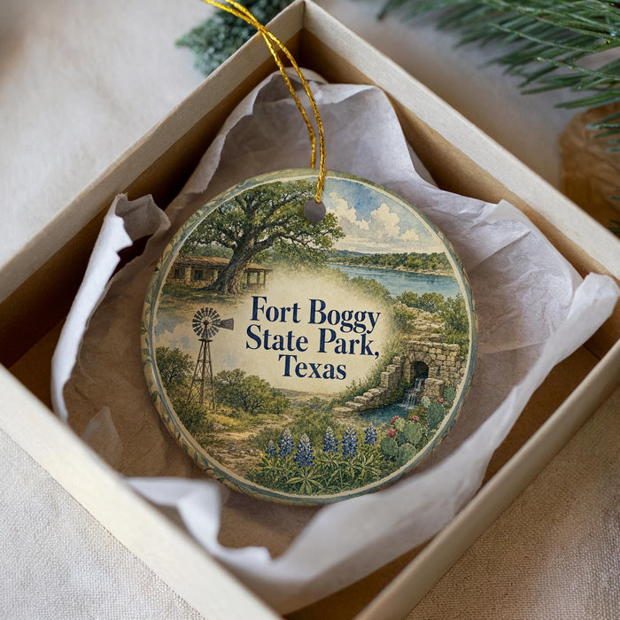 A decorative ornament in a box, featuring a scenic landscape with a windmill, trees, and a body of water.