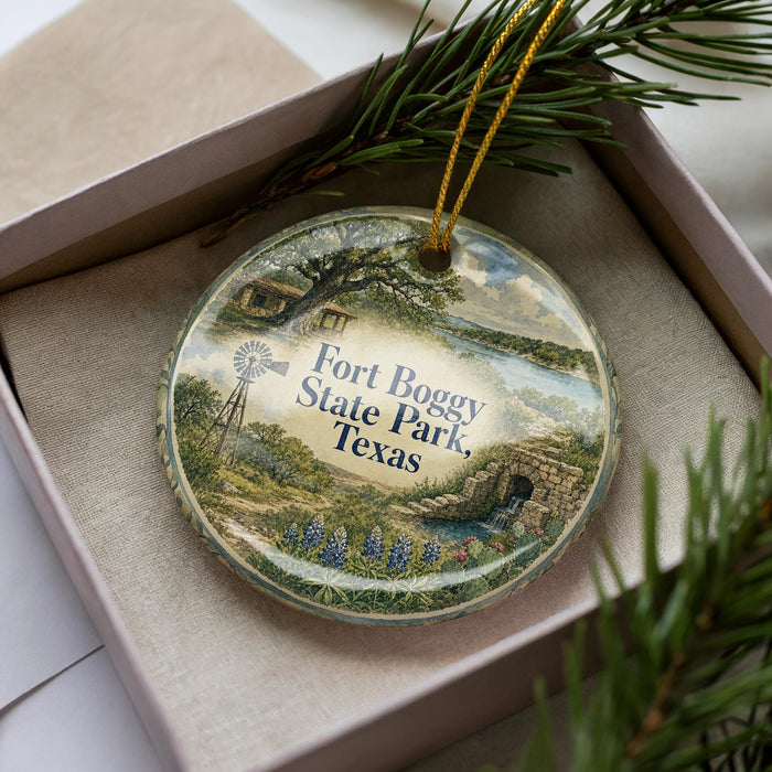 A decorative ornament with a landscape scene featuring a windmill, a house, and a river, placed in a box with pine branches.
