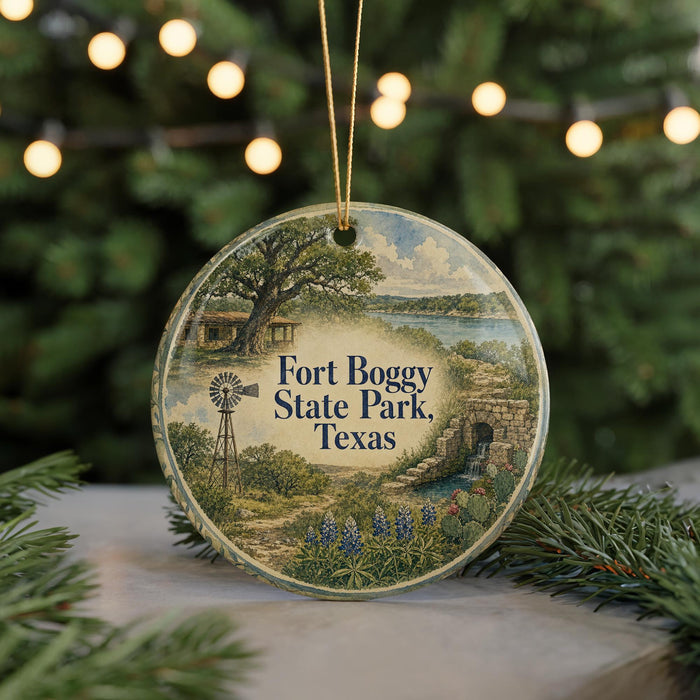 A round ornament with a scenic landscape of Fort Bogy State Park, Texas, featuring a windmill, a house, and a river.