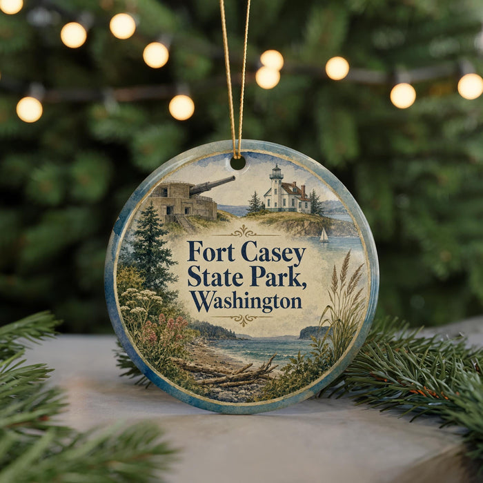 A round ornament with a painting of Fort Casey State Park in Washington, surrounded by greenery and a string of lights.