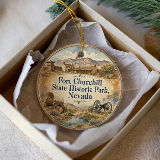 A round ornament with a picture of Fort Churchill, the historic park in Nevada, hanging from a string.