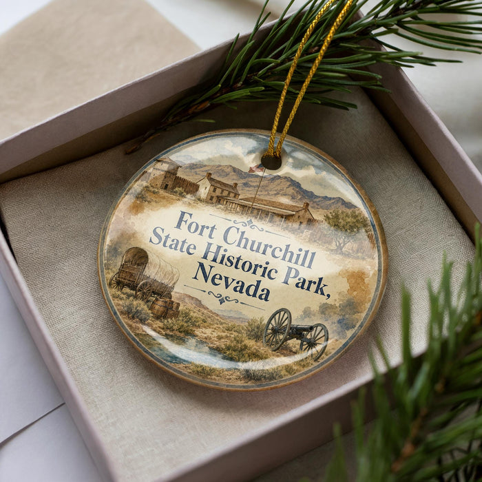 A decorative ornament in a box, featuring an illustration of Fort Churchill State Historic Park in Nevada.