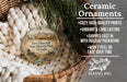 Ceramic ornaments, specifically those featuring Fort Churchill State Historic Park, Nevada, are displayed in a woven basket. The text highlights the ornaments as "cozy, high-quality prints" and "vibrant & long lasting", with a description of their shipping speed and the fact that they won't peel or fade over time.