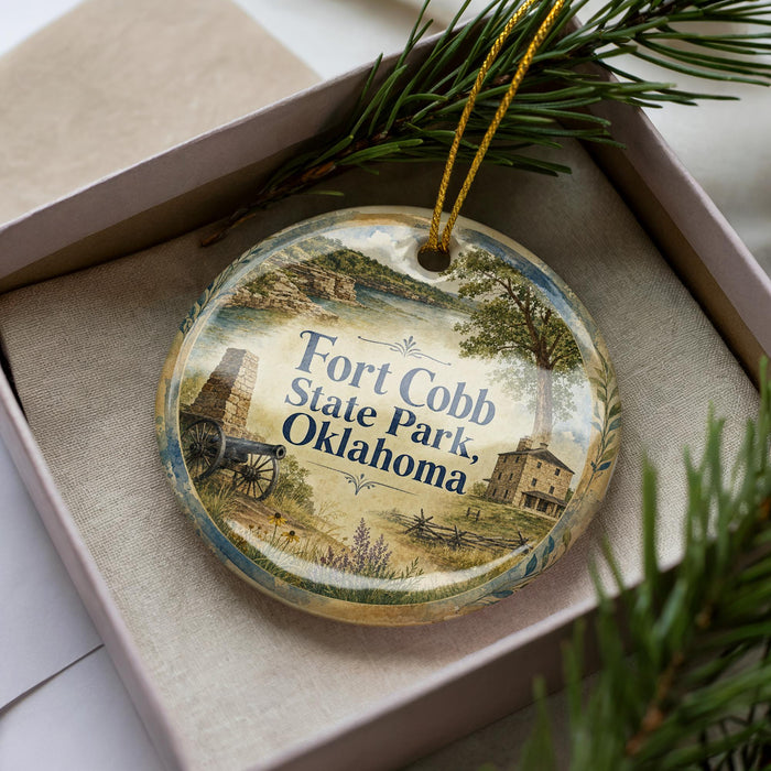 A decorative ornament in a box, featuring a scenic image of Fort Cobb State Park, Oklahoma.