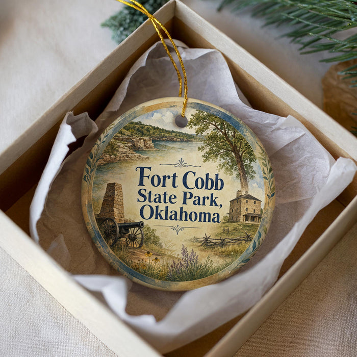 A decorative ornament in a box, featuring a scenic image of Fort Cobb State Park, Oklahoma.