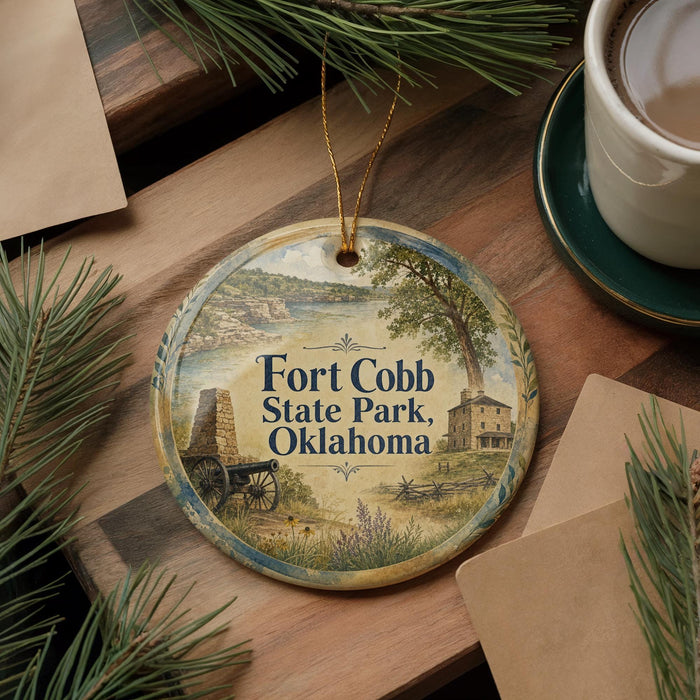 A decorative ornament with a scenic image of Fort Cobb State Park, Oklahoma, hanging on a wooden surface.