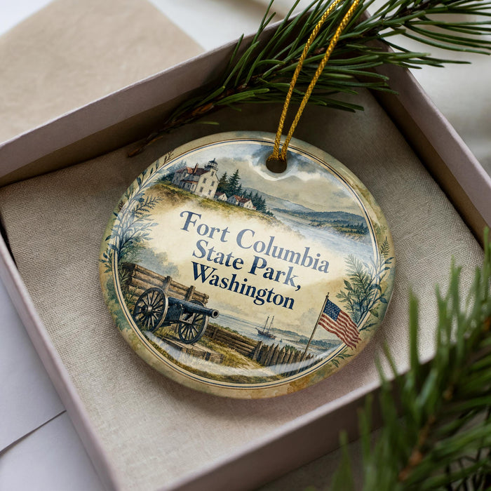 A decorative ornament in a box, featuring a scenic landscape with a house, trees, and a cannon, along with the text "Fort Columbia State Park, Washington".