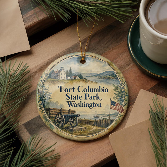 A decorative ornament with a scenic image of Fort Columbia State Park, Washington, featuring a wagon, a building, and a body of water.