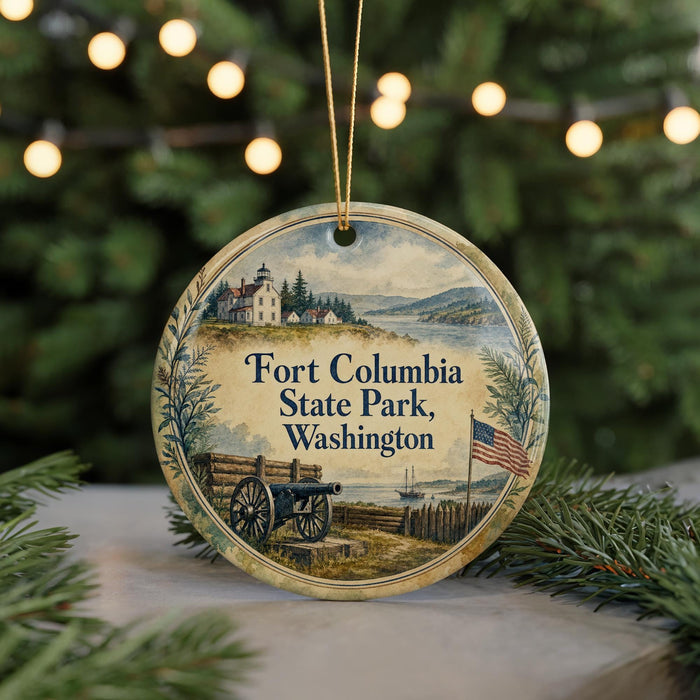 A round ornament with a painting of Fort Columbia State Park, Washington, featuring a lighthouse, a bench, and a boat on the water.