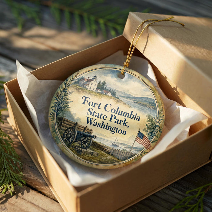 A round ornament in a box, featuring a scenic image of Fort Columbia State Park in Washington.