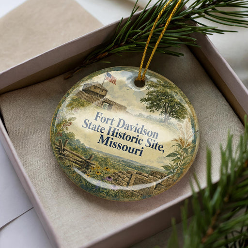 A decorative ornament with a picture of Fort Davidson State Historic Site in Missouri, featuring a building, trees, and a flag.