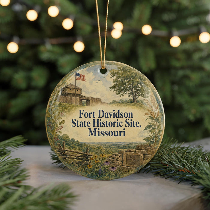 A round ornament with a picture of Fort Davidson State Historic Site in Missouri, featuring a building, trees, and a flag.