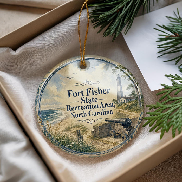 A round ornament with a lighthouse and beach scene, hanging from a string.