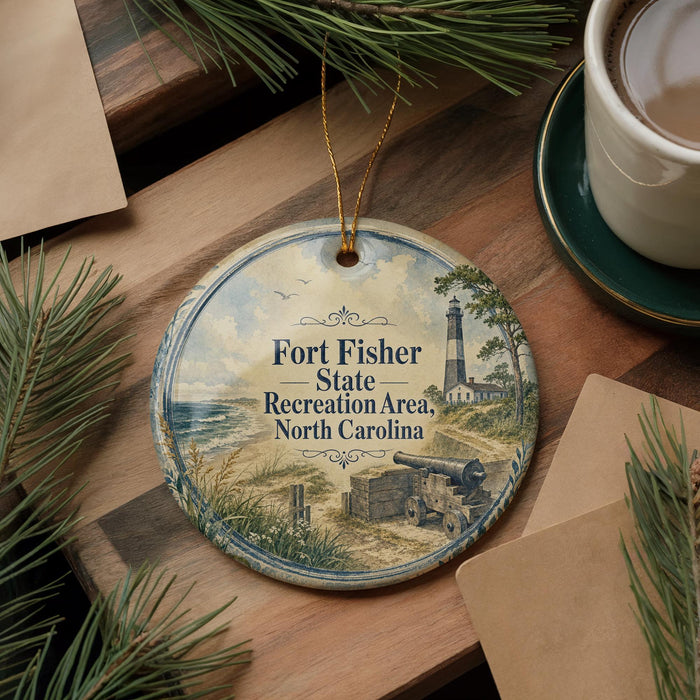 A round ornament with a lighthouse and a coastal scene, featuring text that reads "Fort Fisher State Recreation Area, North Carolina".
