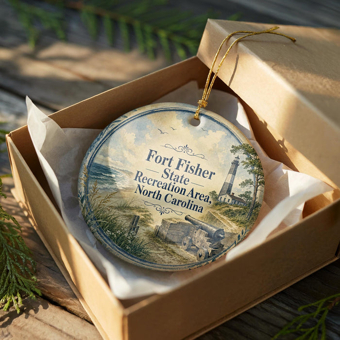A round ornament in a box, featuring a lighthouse and a coastal scene, with the text "Fort Fisher State Recreation Area North Carolina" printed on it.