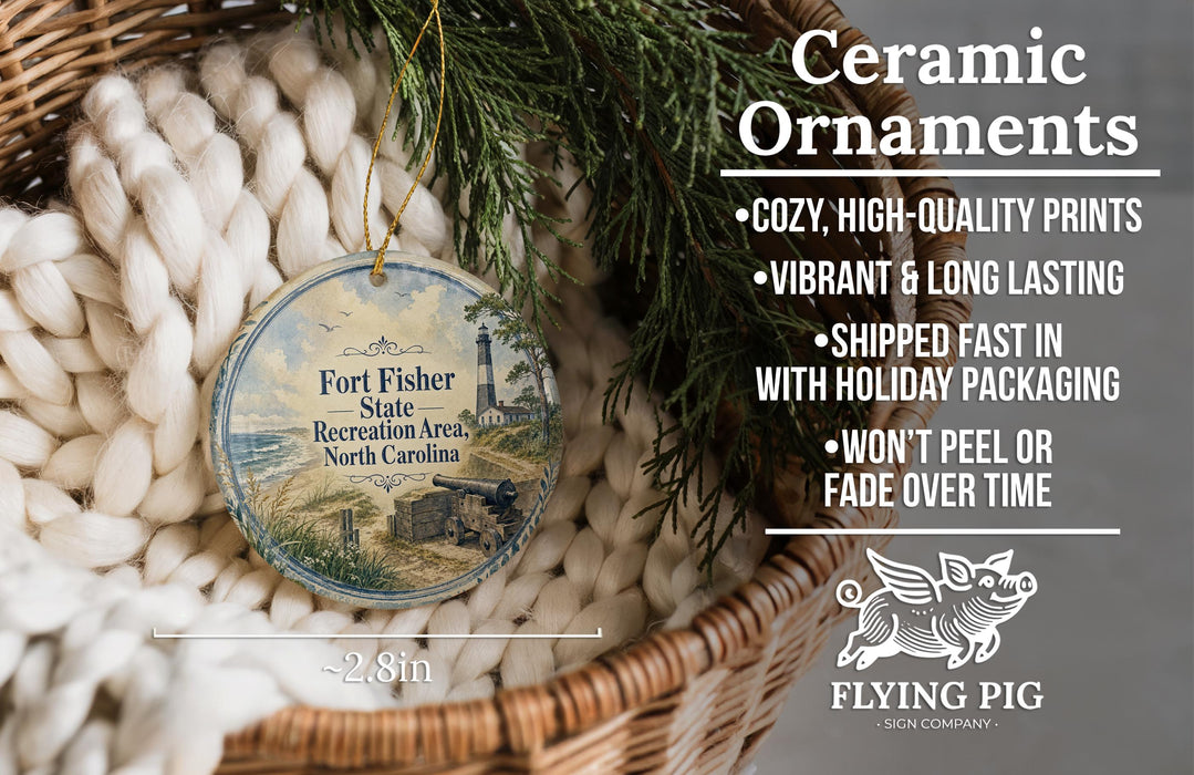 Ceramic ornaments, featuring a lighthouse in the Fort Fisher State Recreation Area, North Carolina.